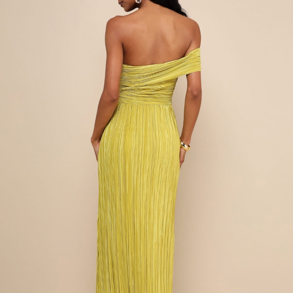 Lulus Poised Performance Chartreuse Plisse One-shoulder Maxi Dress - Picture 2 of 5